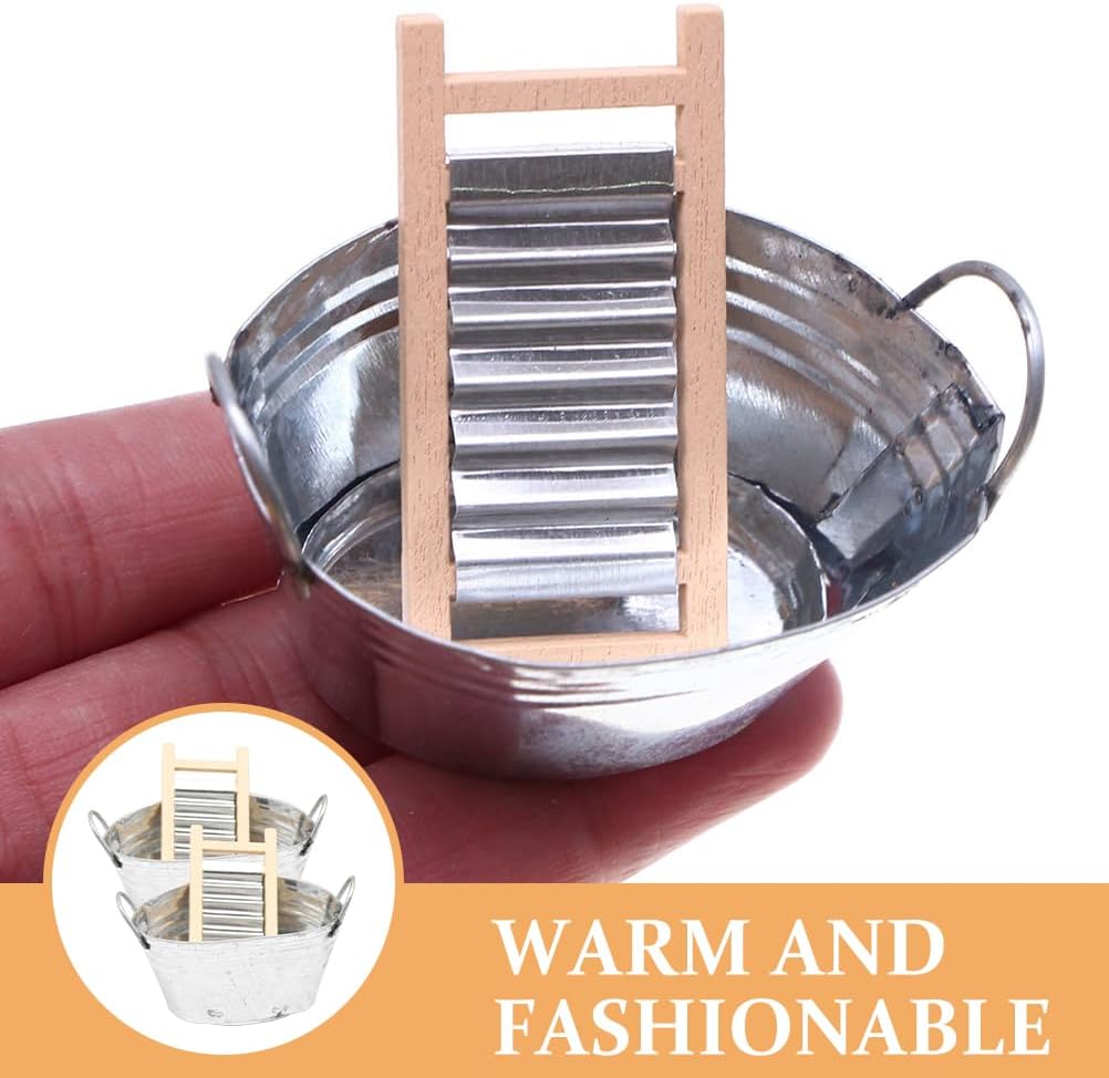 Mipcase Dollhouse Miniature Basin and Washboard Set 2 Miniature Basins and 2 Washboards Tinplate Mini House Laundry Scene Props Realistic Dollhouse Accessories for 1 12 Home Decor