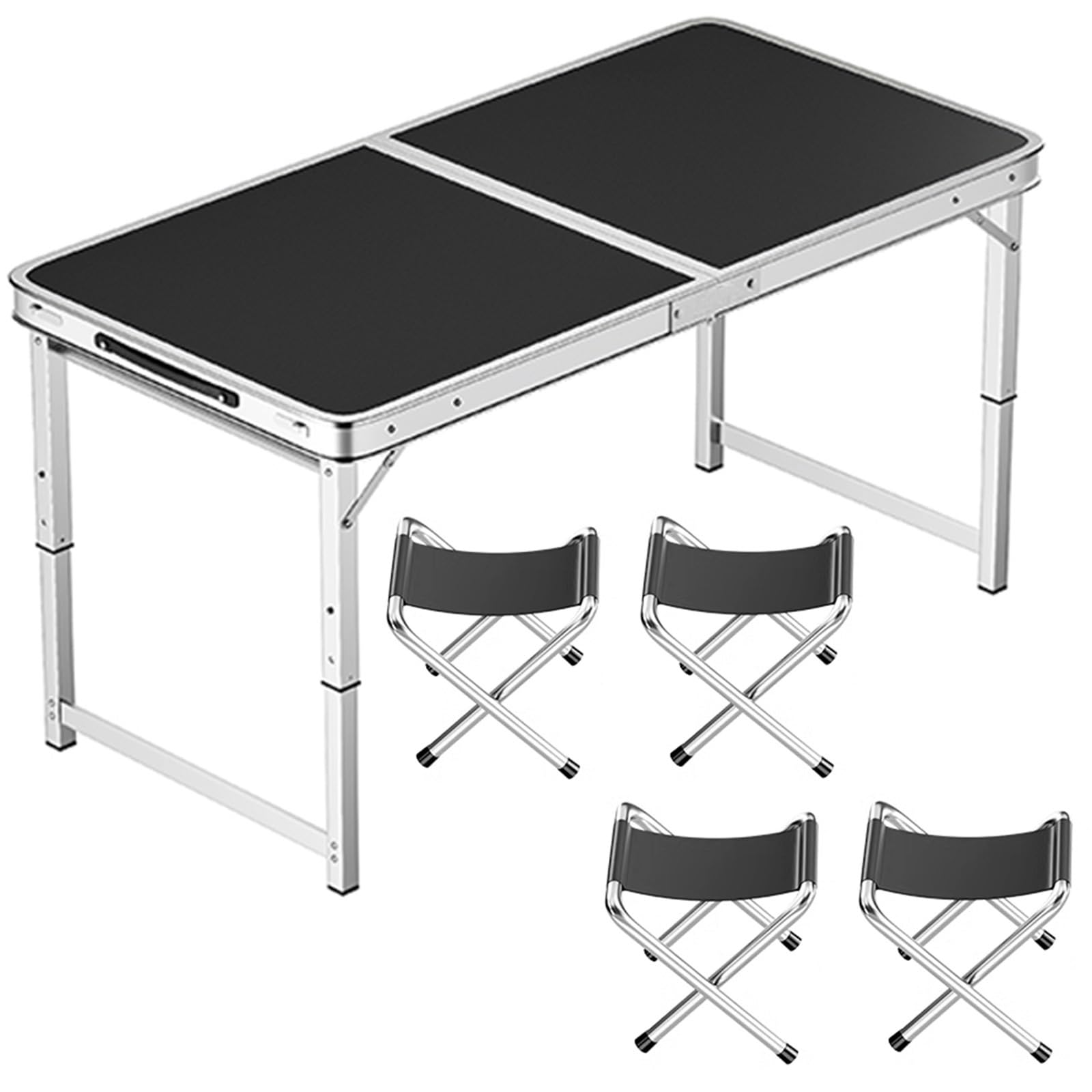 Aluminiowy składany stół o regulowanej wysokości, przenośny stół kempingowy z uchwytem, 100 x 50 cm, czarny, idealny na imprezę biurową, piknik, ślub, zawiera 4 stołki