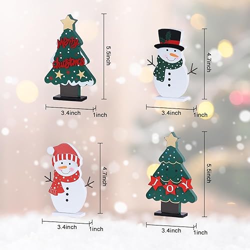 Miniatura 3 de DECSPAS Decoraciones navideñas para interiores, 4 piezas de árboles de Navidad de madera y muñecos de nieve para decoración de mesa de centro de