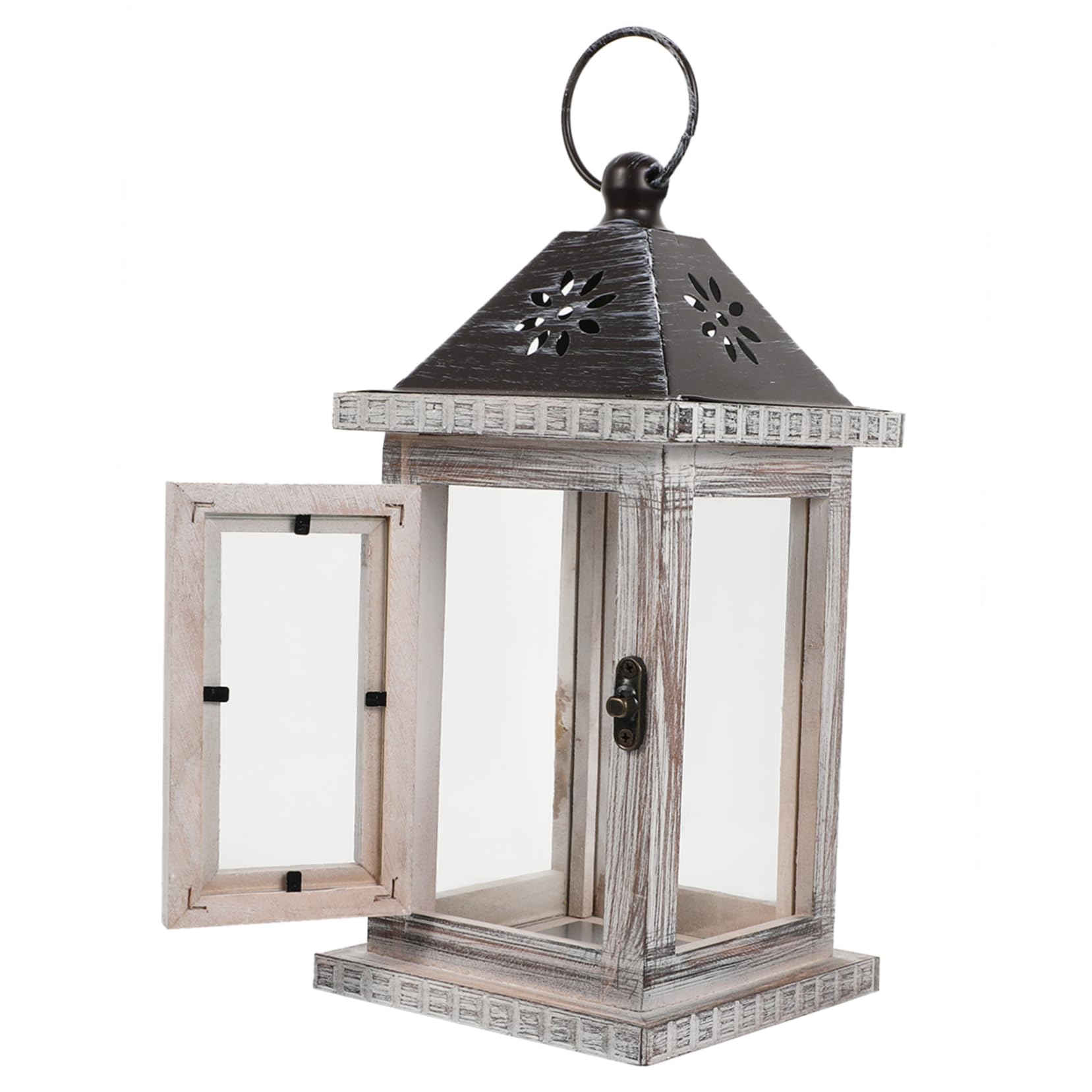 Linterna de Vela Decorativa Nórdica, Candelabro de Madera, Hierro y Vidrio, Colgante, para Hogar y Jardín, Luz Cálida