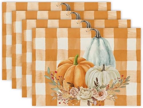 Juego de 4 manteles individuales de otoño de calabaza a cuadros negros de 12 x 18 pulgadas, decoración de hojas de arce para otoño, Acción de