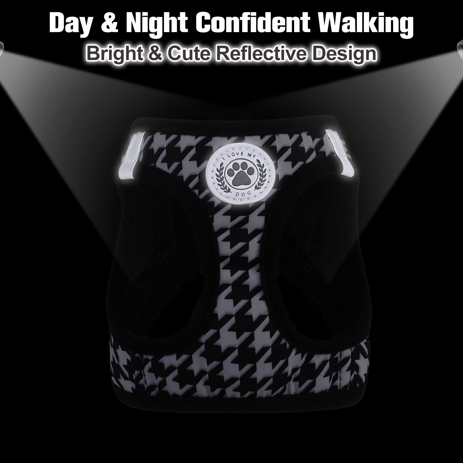 BEAUTYZOO Small Dog Harness and Leash Set,Step in No Choke No Pull Soft Mesh Dog Harnesses Reflective for Extra-Small Medium Puppy Dogs and Cats, Plaid Dog Vest Harness for XS S Pets, Black S