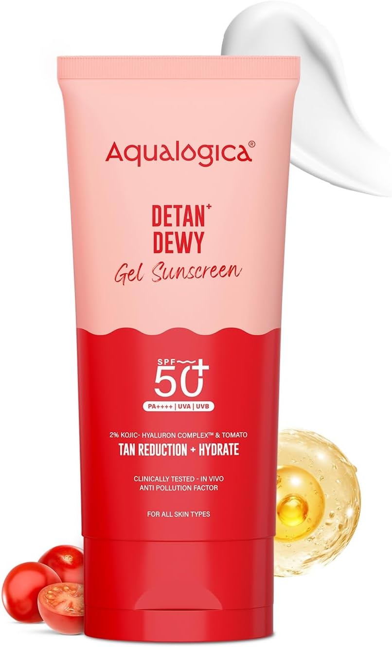Aqualogica Detan+ Dewy Sunscreen SPF 50 PA++++ with Cherry Tomato, Hyaluronic Acid & Zinc Oxide | Brightening & Hydrating Sunblock for Glowing Skin | Fragrance-Free, For Men & Women – 80g