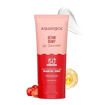 Aqualogica Detan+ Dewy Face Sunscreen with SPF 50& PA++++ | Blue Light Protection & No White Cast | Fights Sun Damage with Cherry Tomato & Hyaluronic Acid | 2.82 Oz/80g