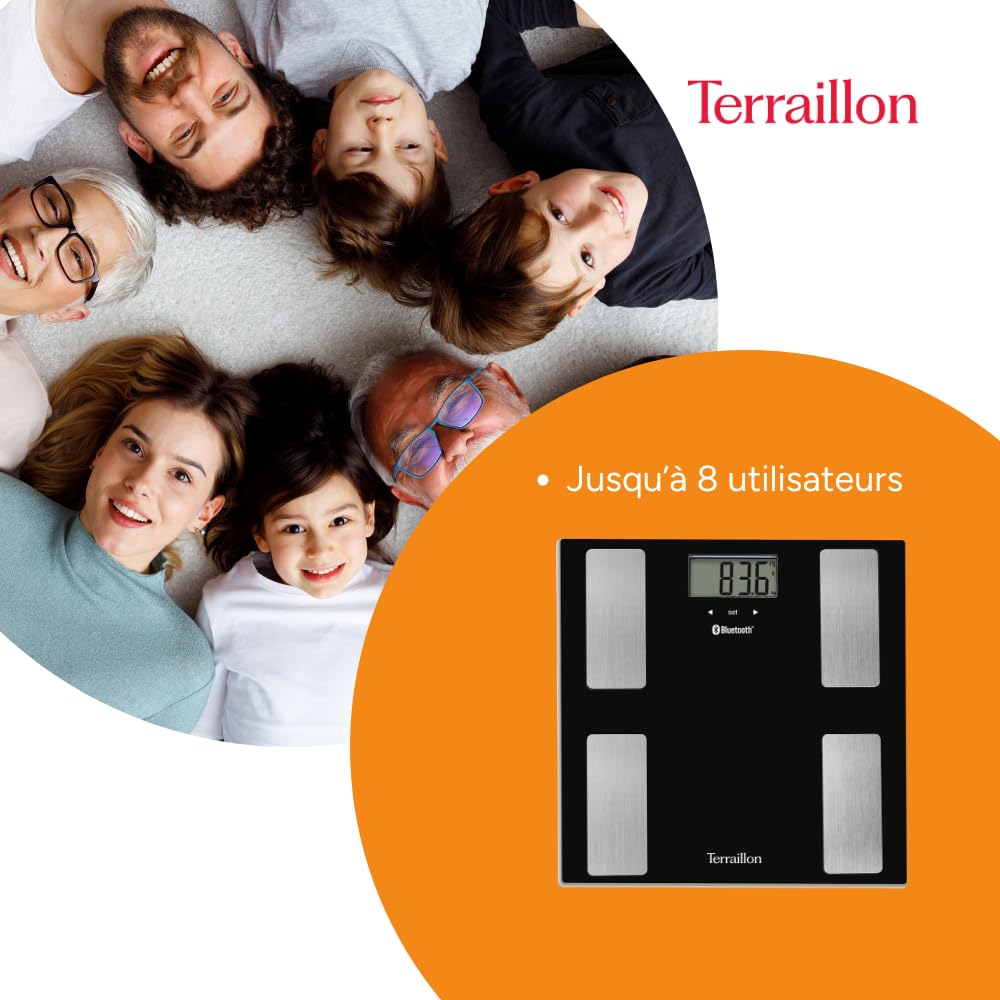 TERRAILLON - SMART CONNECT, Pèse Personne Connecté, Balance IMC, 8 Utilisateurs, Bluetooth Low Energy, Capacité 160Kg, Noir