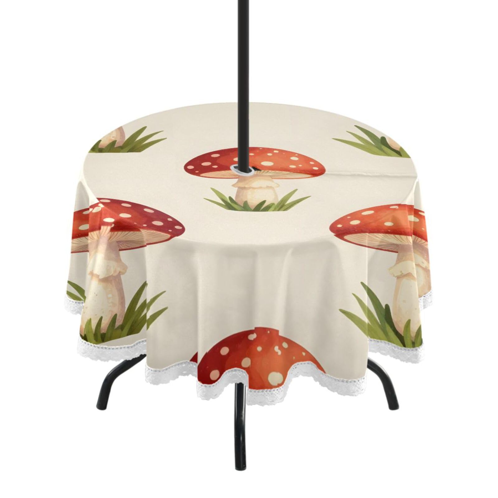 Ttgoth Mushroom Outdoor Table Cloth 152 cm Water Stain & Resistan Tablecloth Wipeable Table Cover with Parasol Hole & Zipper for Garden Patio Party Picnic