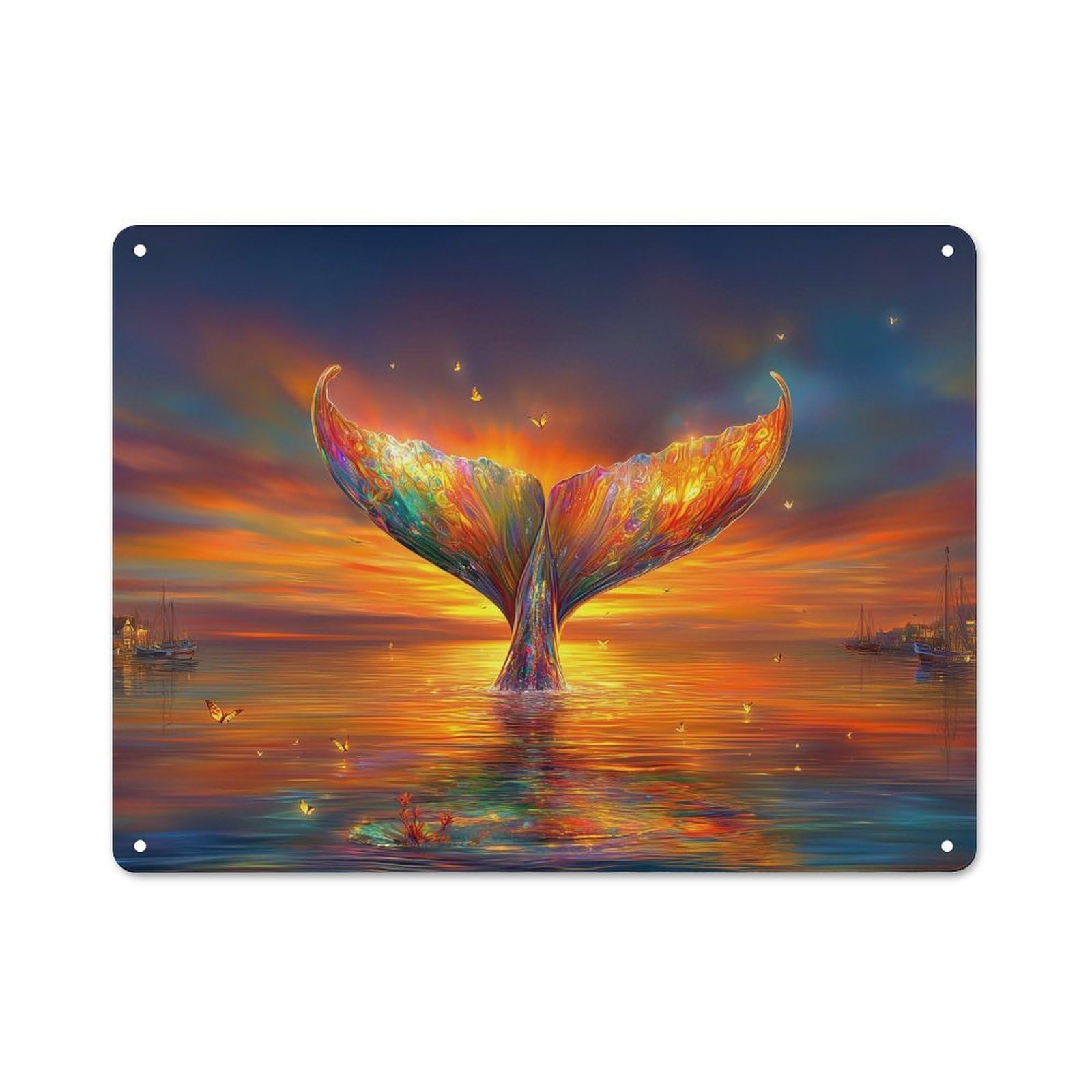 Junmoney Whale Tail Sunset Fantasy Simple Retro Metal Wall Plaque 30X40cm, Creative Space Decor For Office, Study, Studio Or Hallway