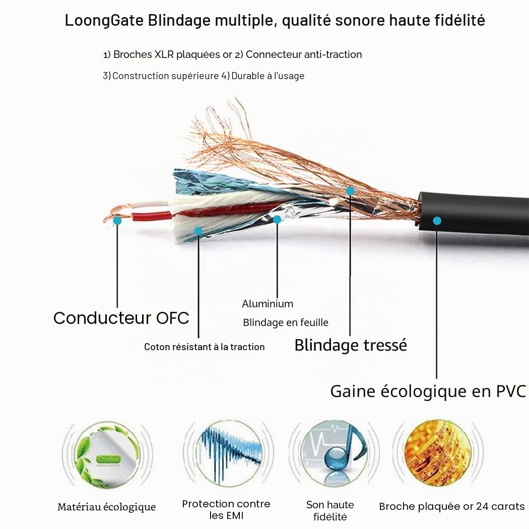 Câbles de Raccordement de Micro Équilibrés - Qualité Haut de Gamme, Clarté de Son, Faible Bruit - XLR Mâle à XLR Femelle (1m, 6 Couleurs)