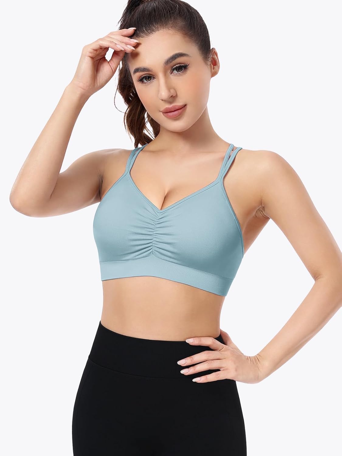 VEQKING Ruched Sports Bras for Women Large Bust, Seamless Padded Strappy Medium Support Yoga Bra, 3 Pack - Image 2