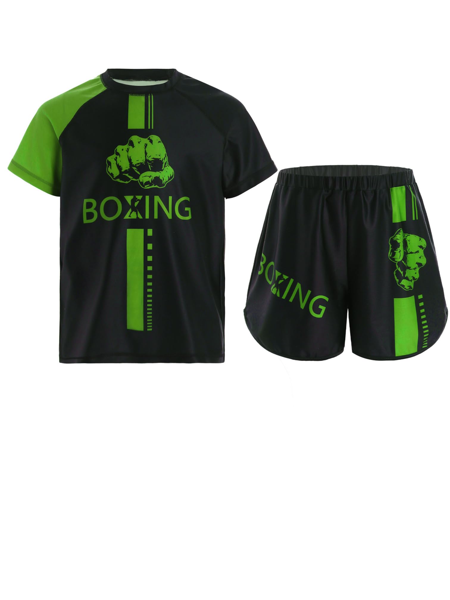 MSemis Kids Boys Boxing Outfits Active Boxing Jersey Sports Shirt with Muay Thai Boxer Shorts Tracksuit Set Green 9-10 Years