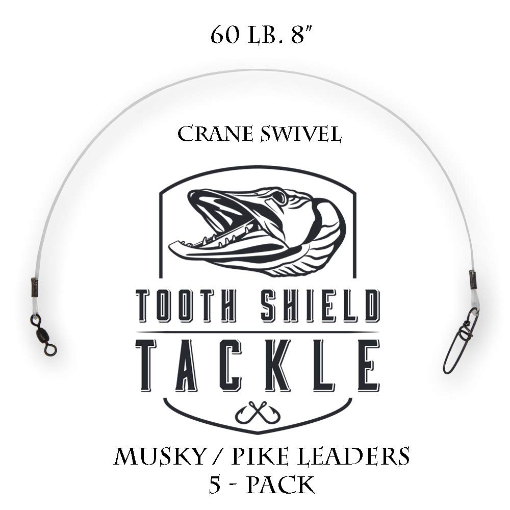 5 Pack 60 lb. Premium Fluorocarbon Tooth Shield Tackle Musky Leader Muskie Pike Leader (Crane Swivel) (8)