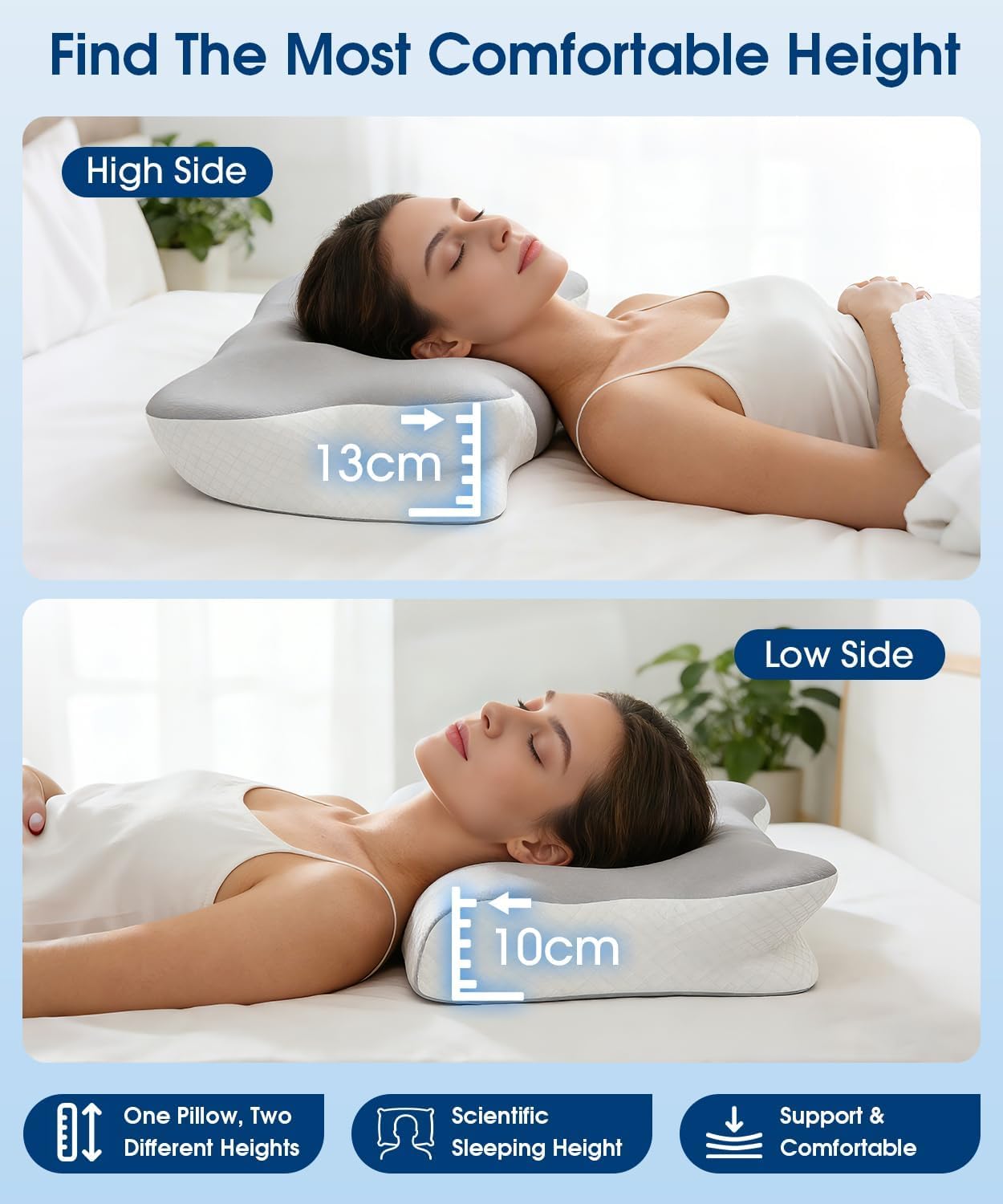 Cuscino ortopedico ergonomico in memory foam, per alleviare il dolore al collo e alle spalle, cuscino di supporto cervicale a 2 altezze, per chi dorme su fianco, schiena, stomaco, cuscino rinfrescante