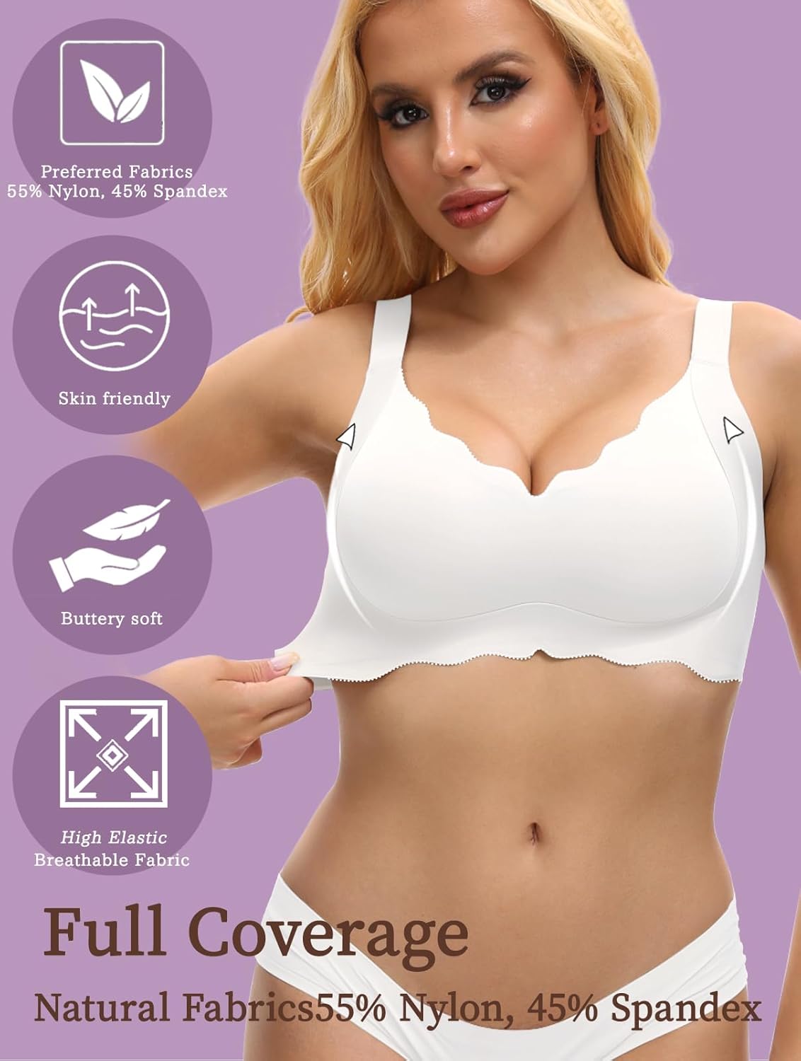 Scalloped Lift Bras for Women No Underwire Buttery Soft Push Up Wireless Bras V Neck Seamless Bralettes - Image 2