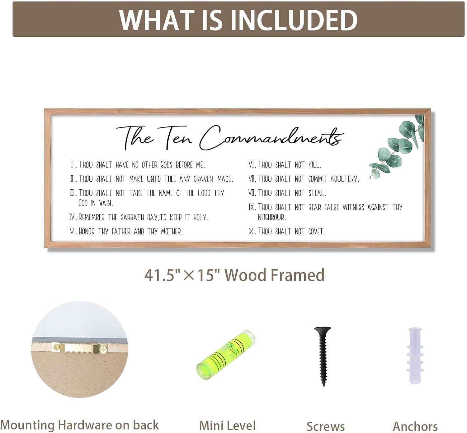 Rutiyoka the Ten Commandments Framed Wall Art Farmhouse Dining Room Wall Decor Large 42"×15" Christian Religious Bible Verses wall decor 10 Commandments Sign (brown)