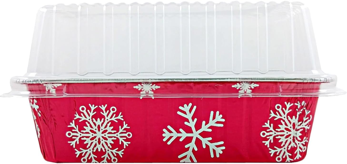 PACTOGO 2 lb. Disposable Red & Silver Holiday Christmas Snowflake Aluminum Foil Standard Size Loaf/Bread Baking Pans with Clear High Dome Lids (Pack of 12)