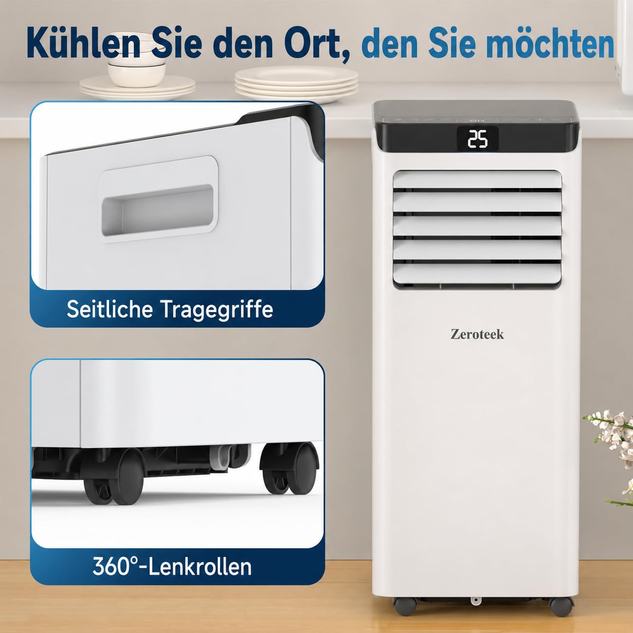 Klimaanlage Mobil, 4-in-1 Leistungsstark Mobile Klimaanlage mit Abluftschlauch, Kühlen, Entfeuchten, Ventilator, Fernbedienung, Intuitive Anzeige, 24h-Timer, Fenster-Kit, für Räume bis zu 33m²/90m³