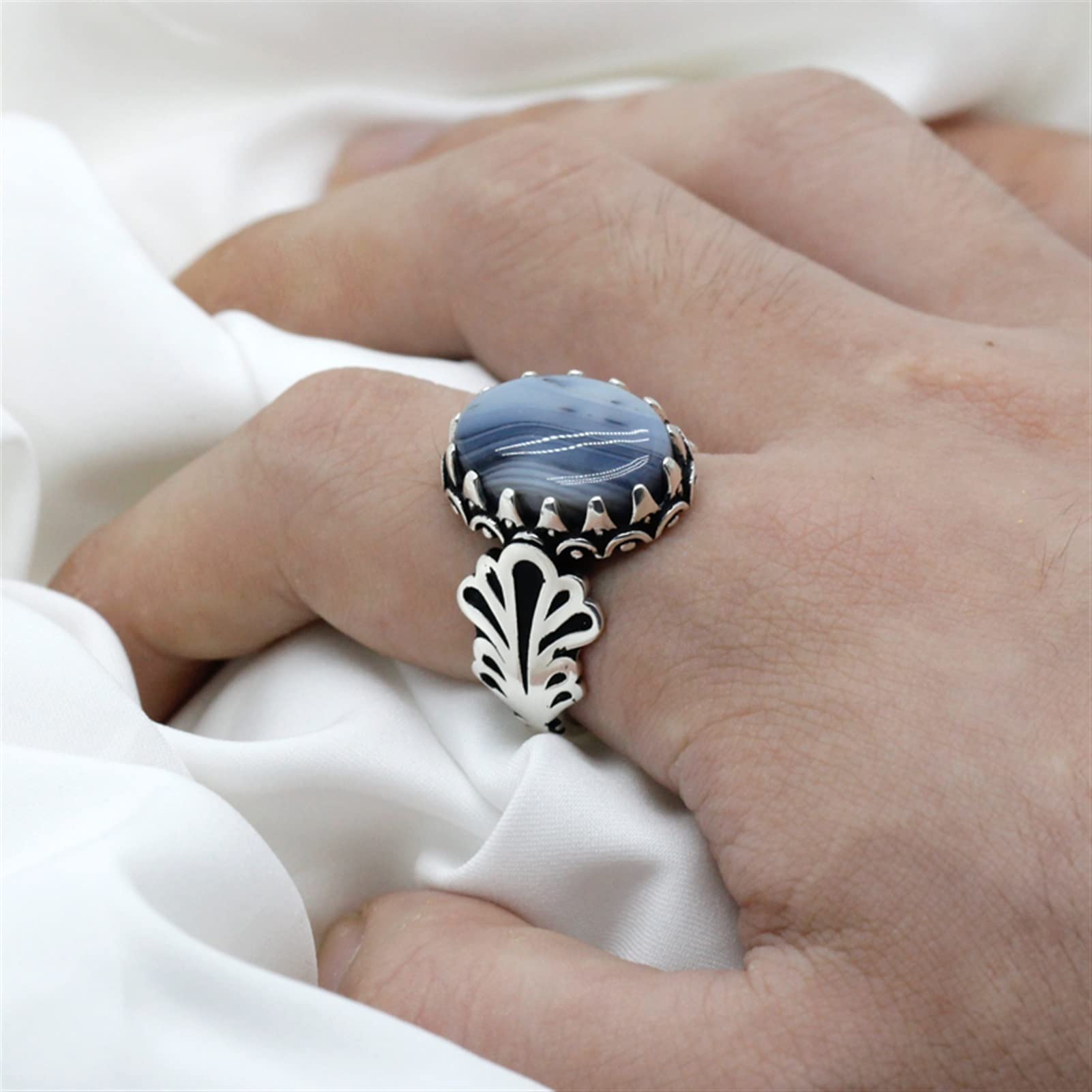 Jewelry Natürlicher Achatring für Herren 925er Silber Krallenbesatz Edelsteinring Türkischer Handgemachter Schmuck Türkischer Ring (Ringgröße : 4.5) (6.5)