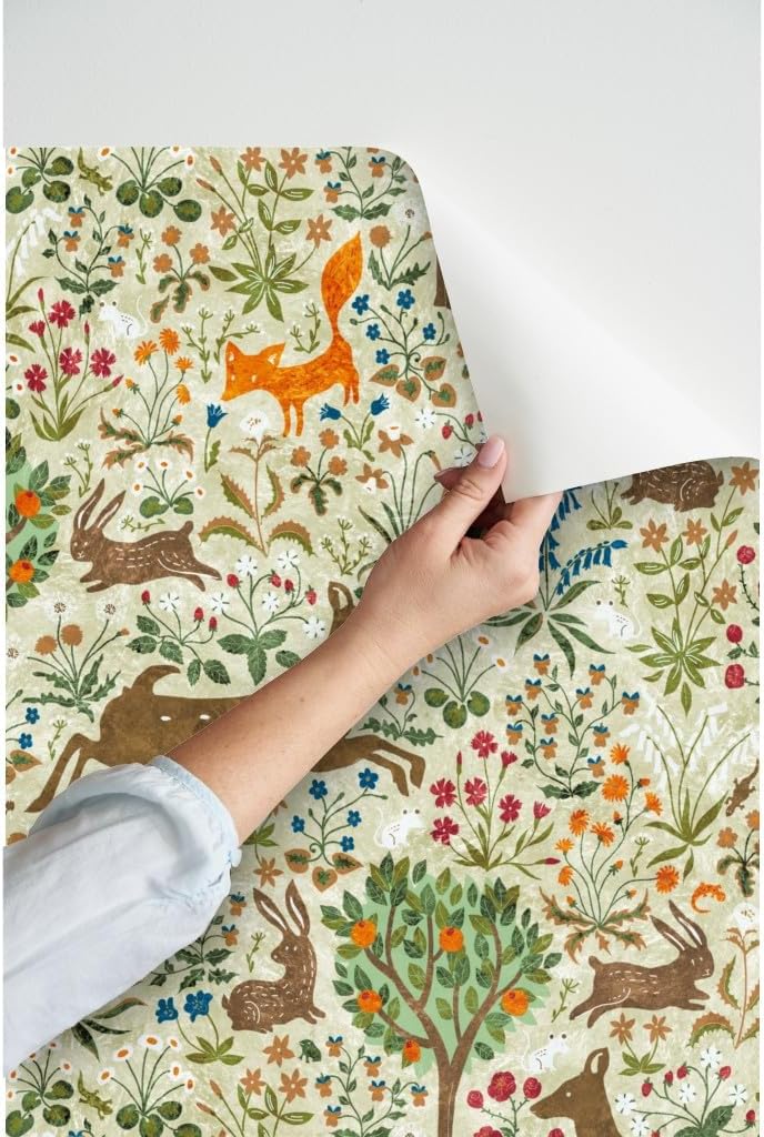 Spoonflower Peel & Stick Wallpaper 3ft x 2ft - Animals Forest Fox Rabbit Hare Lizard Custom Removable Wallpaper