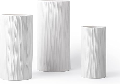 Miniatura 7 de D'vine Dev Florero cilíndrico de 10 pulgadas, florero de cerámica texturizado de cascada blanca para decoración del hogar, VS-WF-B-2