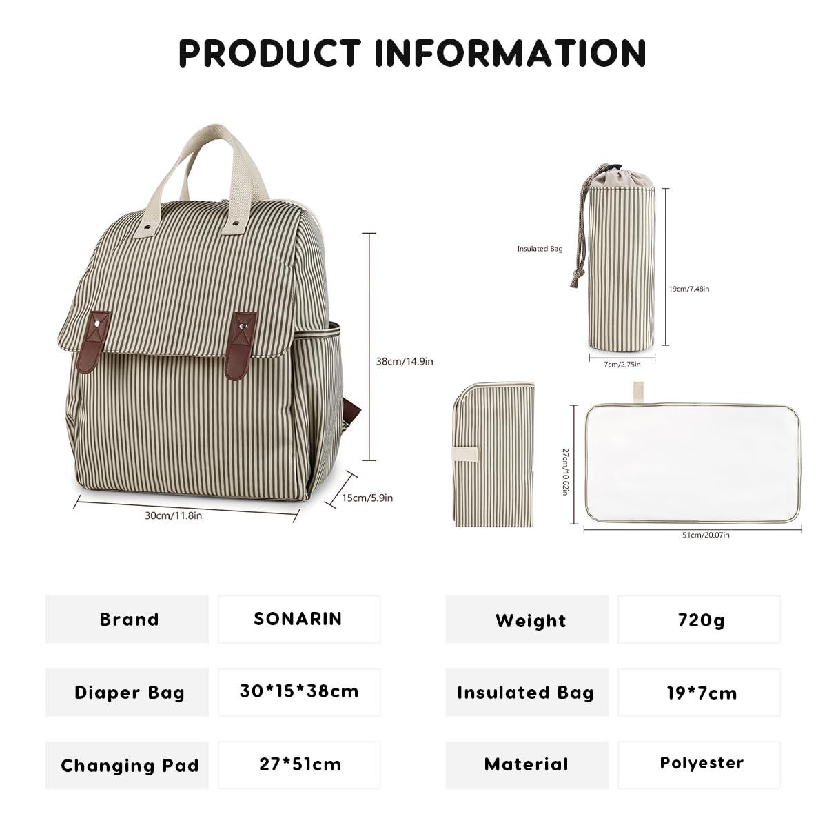 SONARIN Versátil Mochila de Pañales para Bebé,Multifuncional Bolsa de Pañales Bolso Cambiador Viaje Bolsa Bandolera para Pañales Convertible con Cambiador & Bolsa de Botella