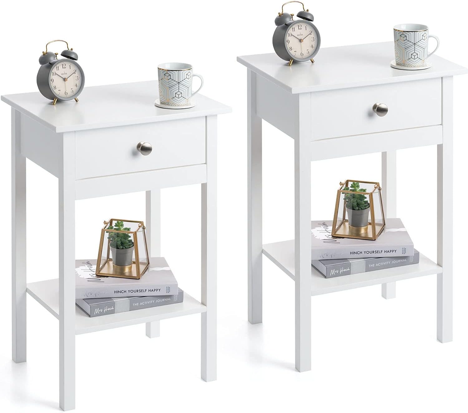 CHRISTOW Pair of White Bedside Table With Shelf & Drawer Bedroom