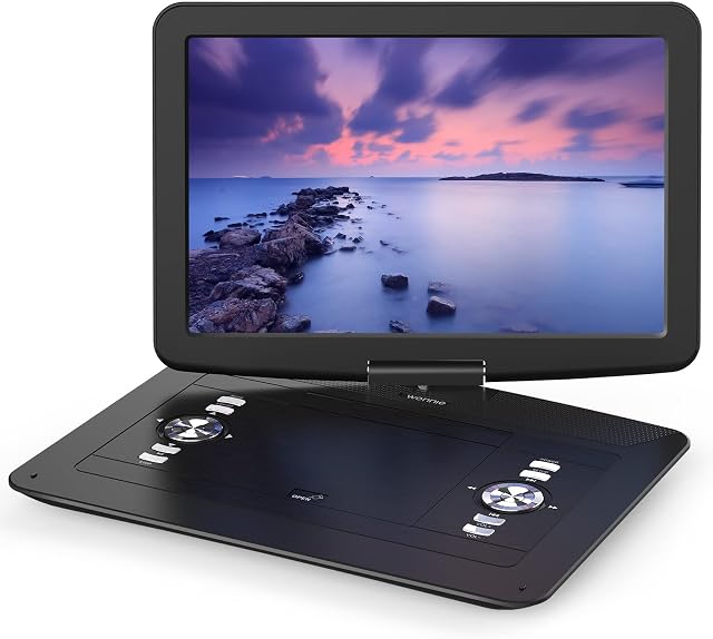 WONNIE 17" Large Portable DVD/CD Player with 6 Hrs 5000mAH Rechargeable Battery, 15.4 Swivel Screen, 1366x768 HD LCD TFT, Regions Free, Support USB/SD Card/Sync TV, High Volume Speaker