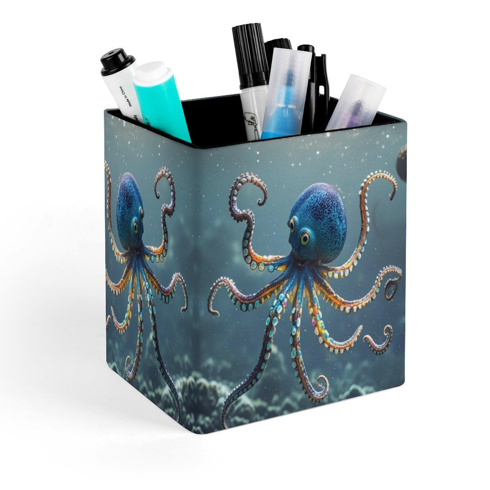 FekiLoot Octopus Pencil Holder for Desk Square Leather Pen Holder Cup Desktop Organizer Multi-Functional Pencil Cup Holders Modern Decorative Desk Organizer Caddy Makeup Brush Holders