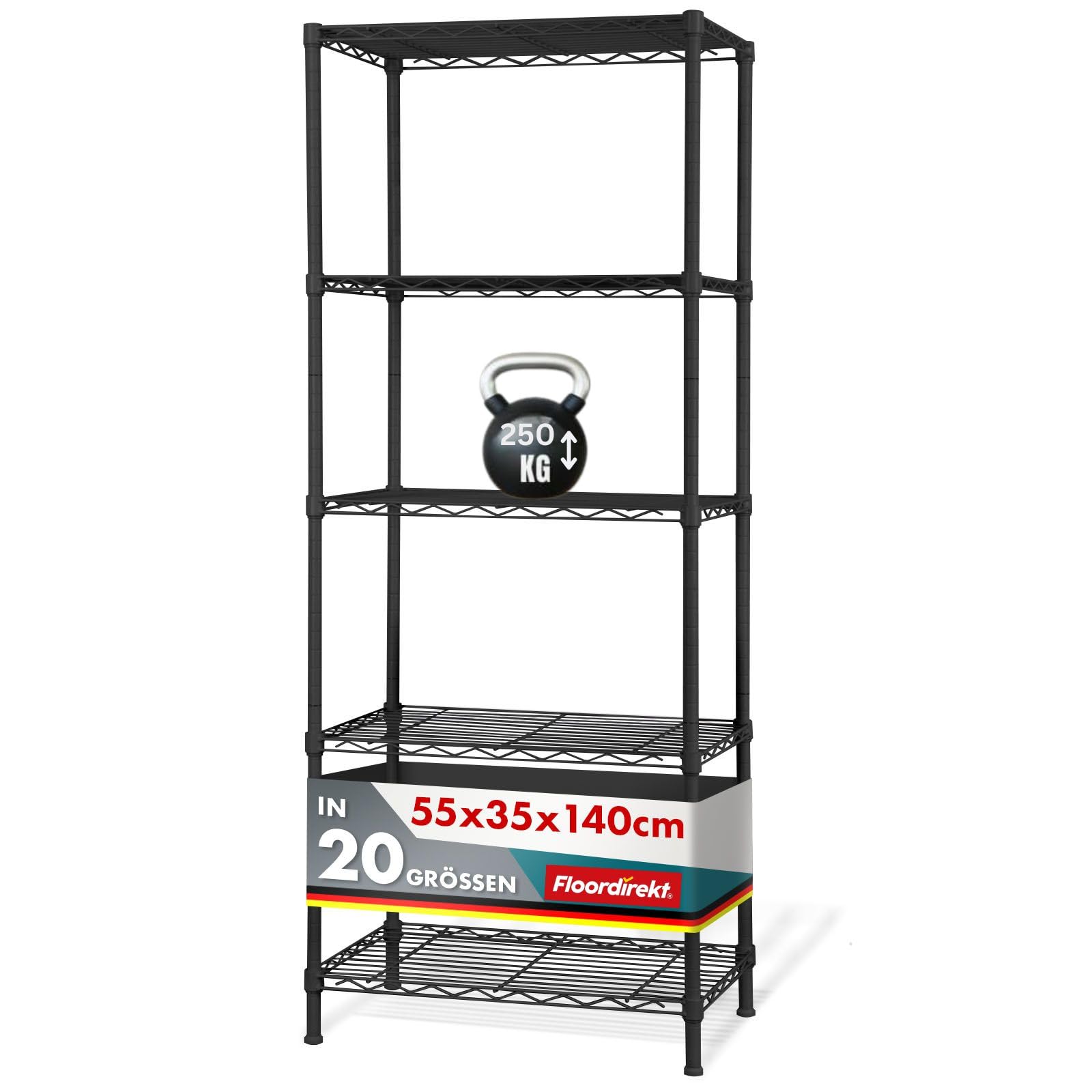 Floordirekt Gitterregal Rocky | Metallregal | Tragkraft ca. 50 kg je Boden | Multifunktionales Ablagesystem | In Zwei Farben und verschiedenen Größen erhaltlich (55 x 35 x 140 cm, Schwarz)