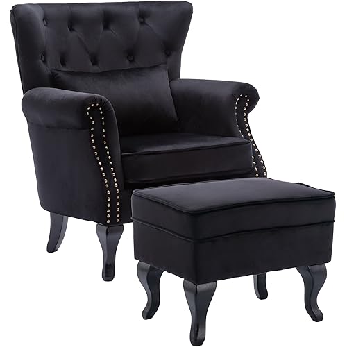 Mid Century Accent Chair with Ottoman Modern Button Tufted Armchair Club Chair Velvet Wingback Single Sofa Lounge Chair with Pillow for Living Room Bedroom, Black