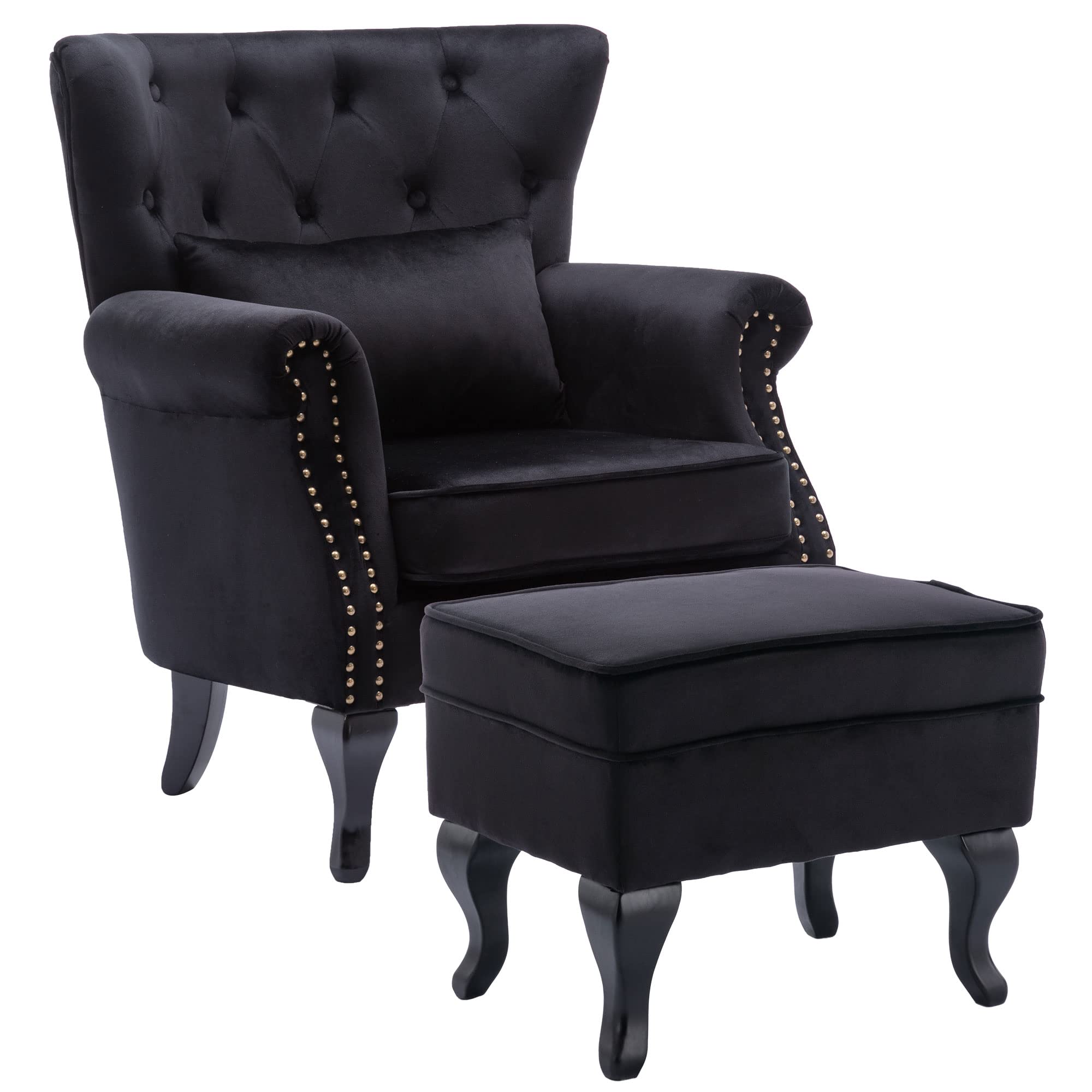 Mid Century with Ottoman Accent Chair Modern Button Tufted Armchair Club Chair Velvet Wingback Single Sofa Lounge Chair with Pillow for Living Room Bedroom, Black, Velvet- Black- B+stool