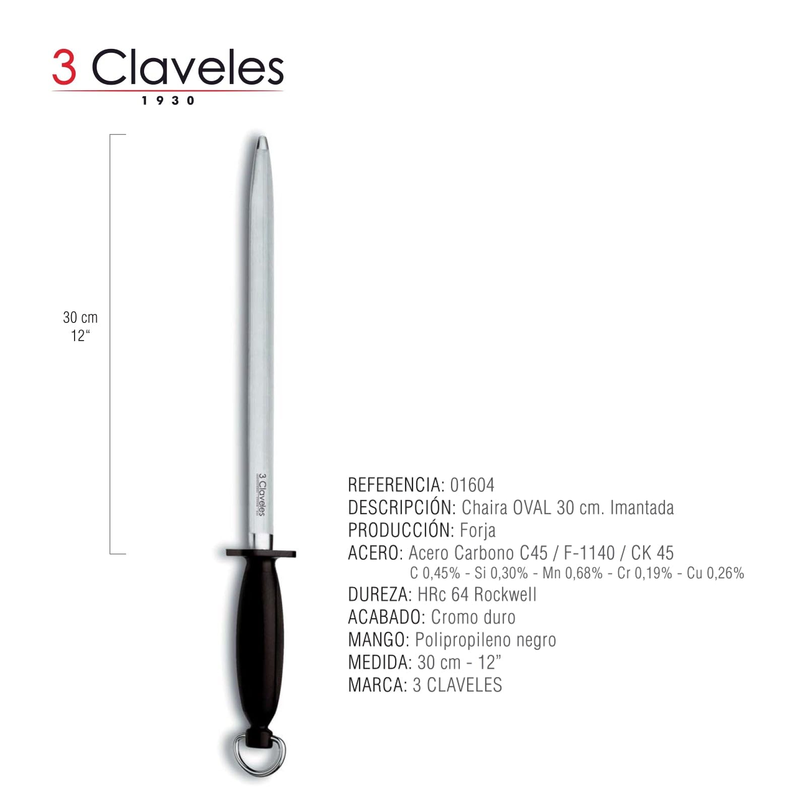 3Claveles 1604 - Chaira oval, cromo duro, 30 cm, 12 pulgadas