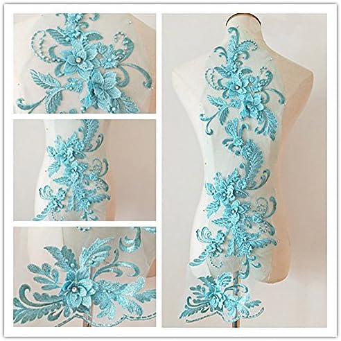 3D Beaded Flower Sequence lace Applique Motif Sewing Bridal Wedding 3in1 20cmx72cm (Aqua Blue)