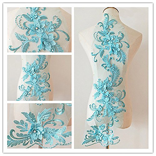 3D Beaded Flower Sequence Lace Applique Motif Sewing Bridal Wedding 3In1 20Cmx72Cm (Aqua Blue) #TOP3
