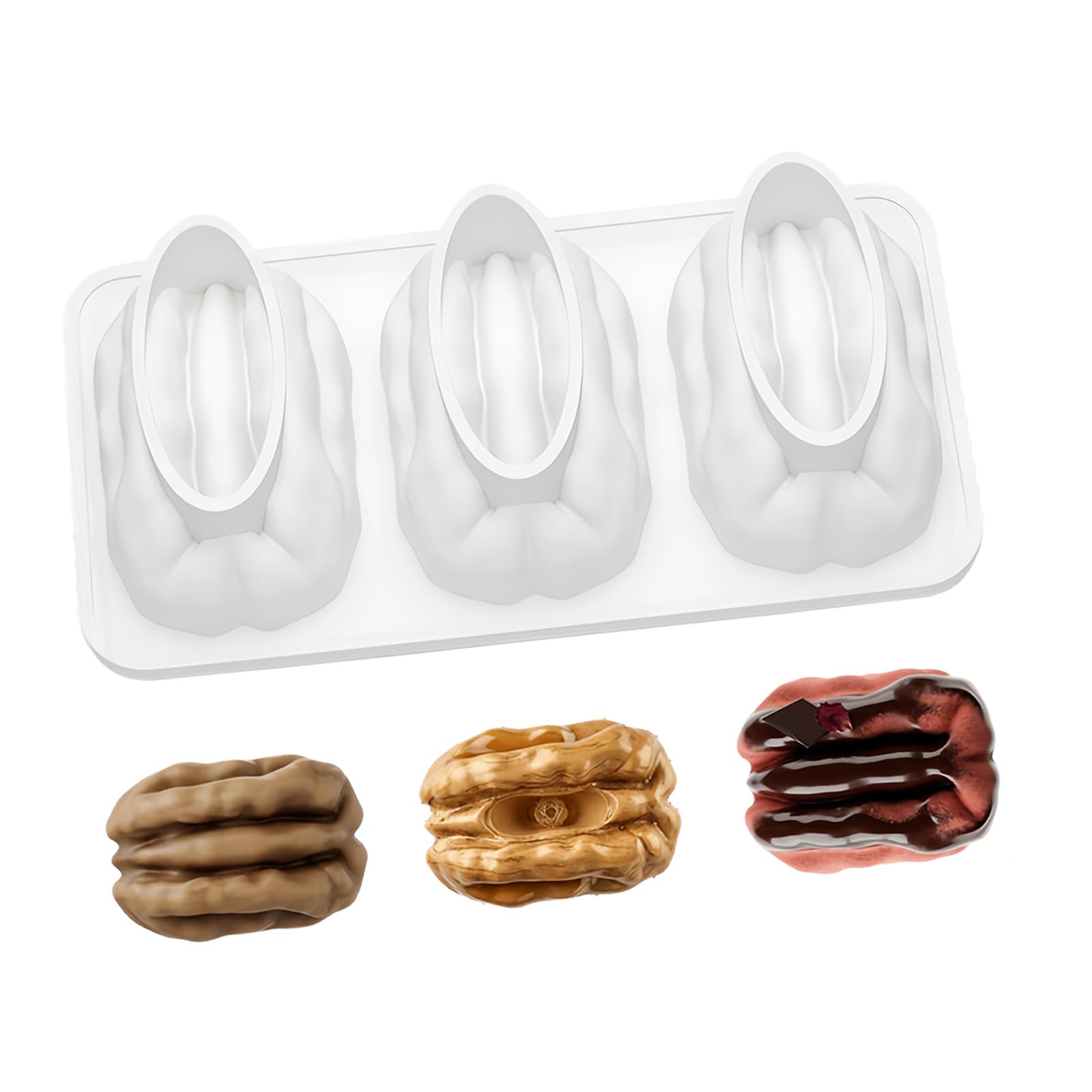 TFAOYS Soap Making Molds 3 Cavity Walnuts Shape Flexible Bakeware Silicone Texture for Kitchen Dessert Dessert for Cakes