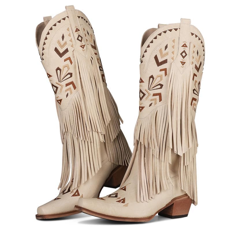 SaraIris Women's Cowgirl Boots Knee High Fringe Boots2