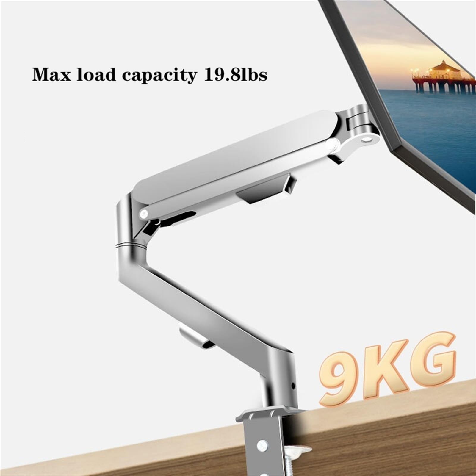 Braccio for monitor singolo adatto a schermi da 17-30" entro 19,8 libbre, supporto da scrivania for monitor con molla a gas regolabile con morsetto a C e base passacavo, VESA massimo 100x100 mm(Silver