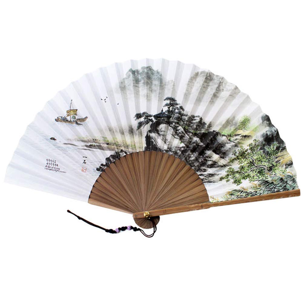 Korean Traditional Bamboo Hanji Hand Fan w/Norigae Large Folding Gift Landscape