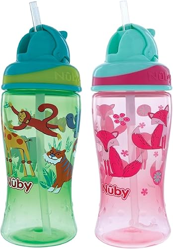 Nuby Thirsty Kids - Vaso de refuerzo impreso con pajilla fina y suave 12 onzas más de 18 meses zorrotigre