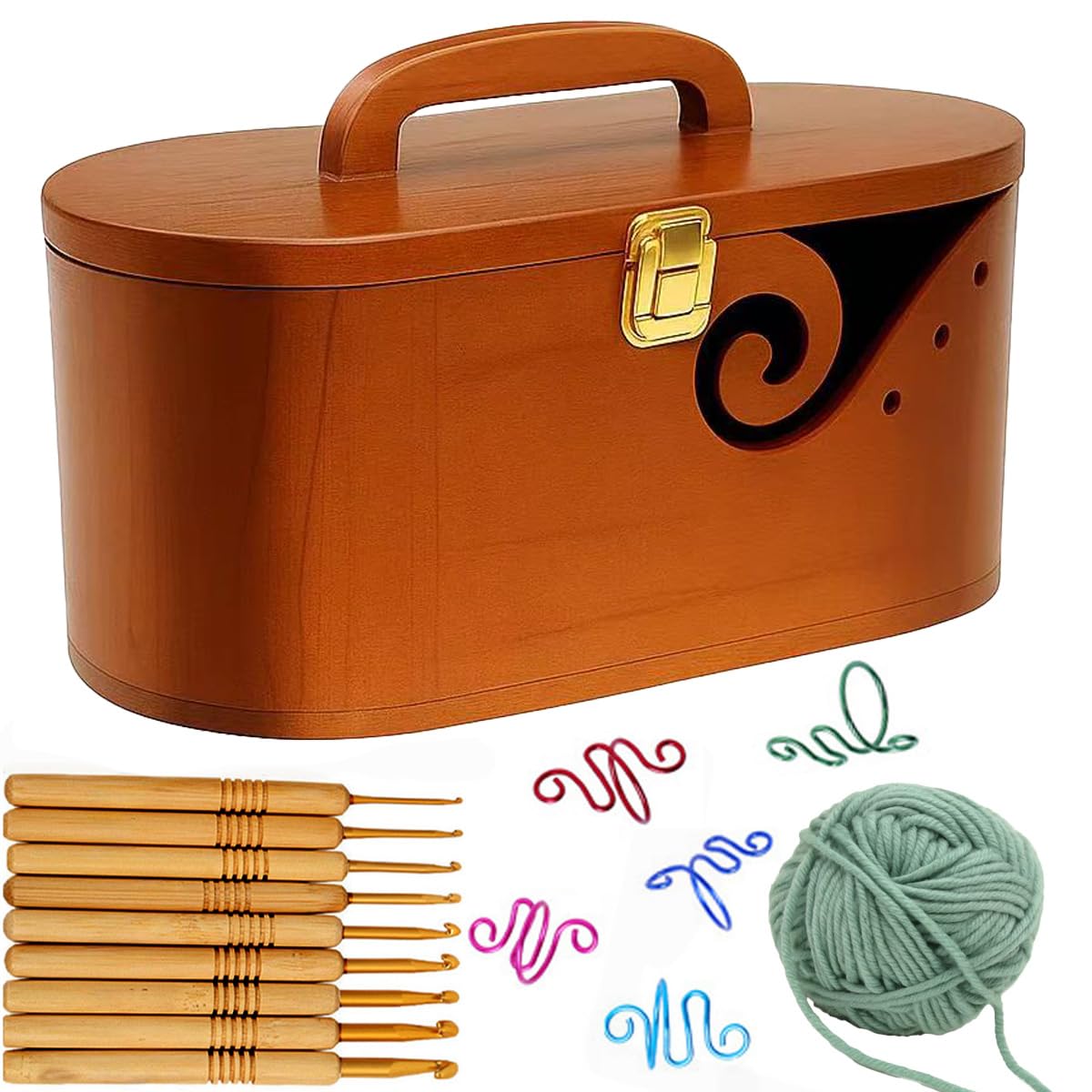 Gift Wooden Yarn Bowls with Lid and Handle for Knitting, Portable Crochet Bowls with 9 Knitting Crochet Hooks, 5 Hooks, Yarn Ball, Complete Set for