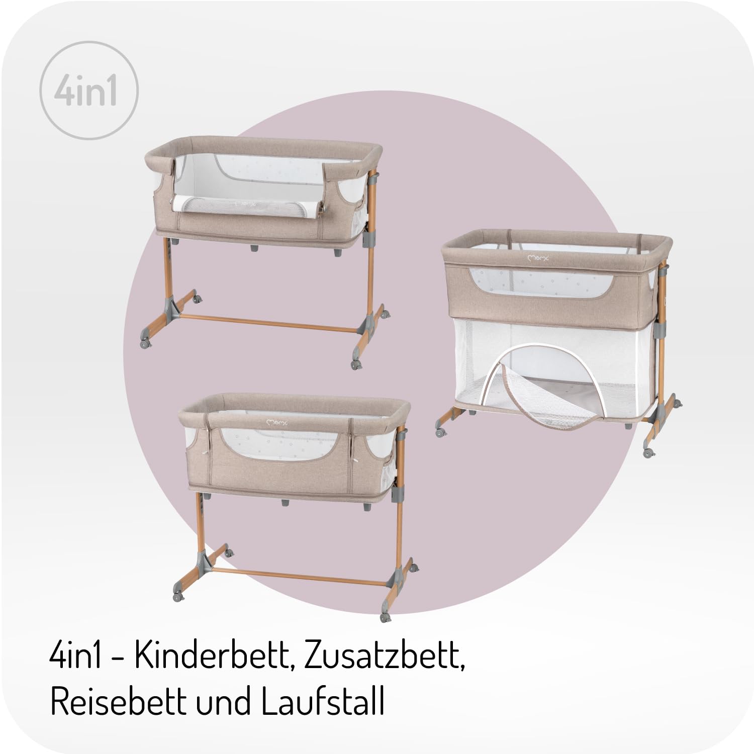Momi SMART Bed 4-in-1 Kinderbeistellbetten bis 15 kg, Beistellbett für Babys mit Matratze, Höhenverstellbar