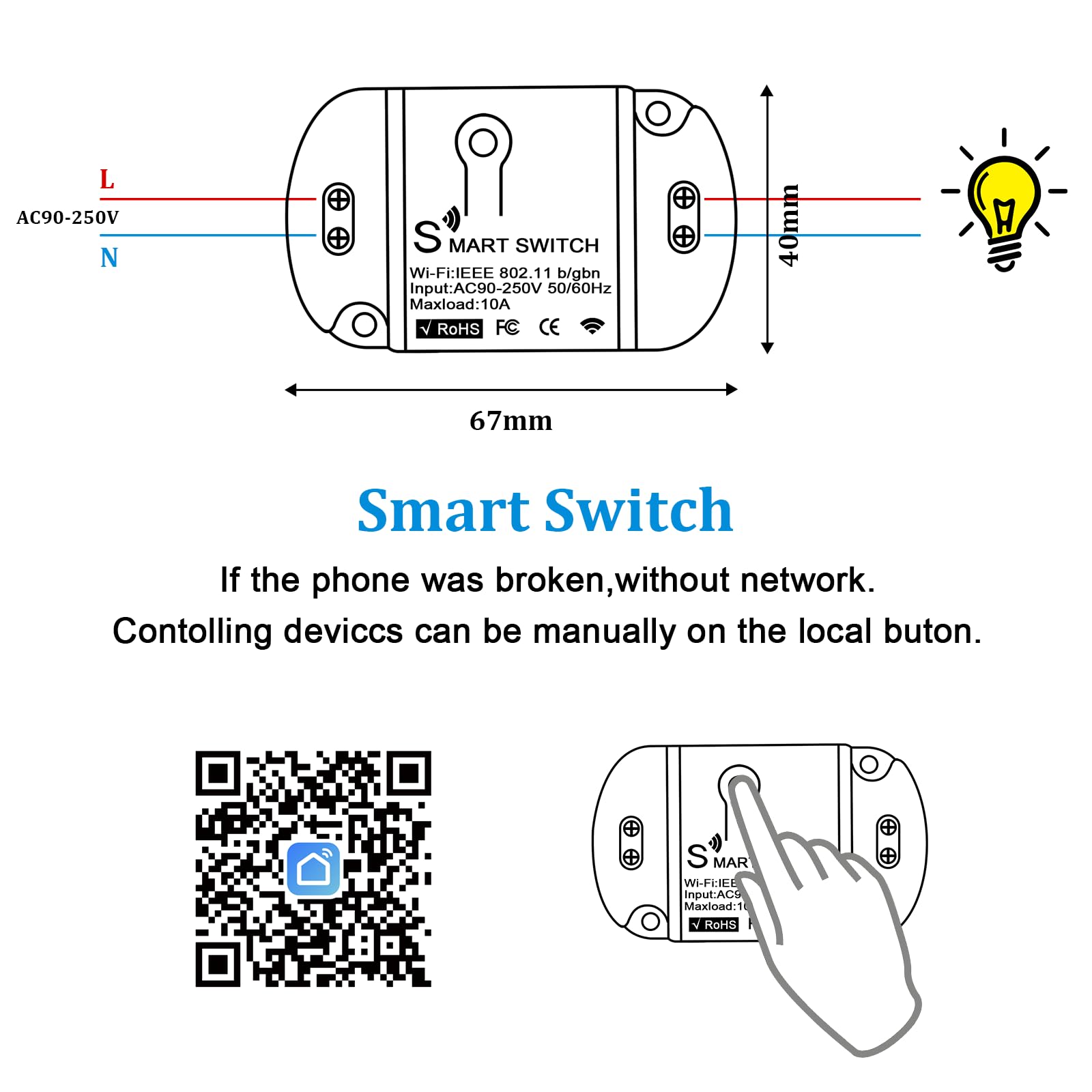 1PC Interruttore Alexa Luci, Interruttore WiFi, Interruttores Smart Compatibile Con Alexa, Google Home, interruttores intelligente Controllo Vocale Controllo Tuya/Smart Life APP