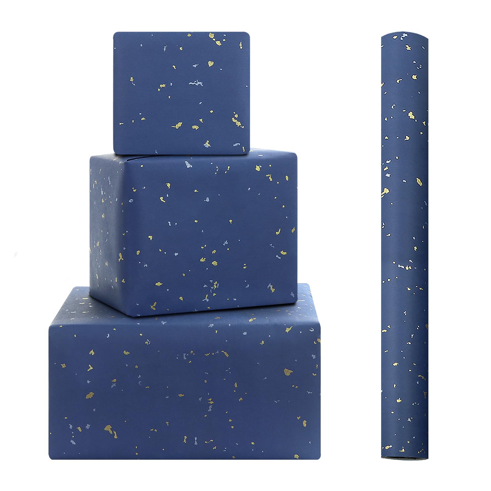Embellished Metallic Gold and Silver Irregular Foil Dots On Neutral Solid Navy Blue Gift Wrapping paper - 1 Mini Roll 43x300cm Per Roll - Perfect for Birthday Wedding Baby Shower