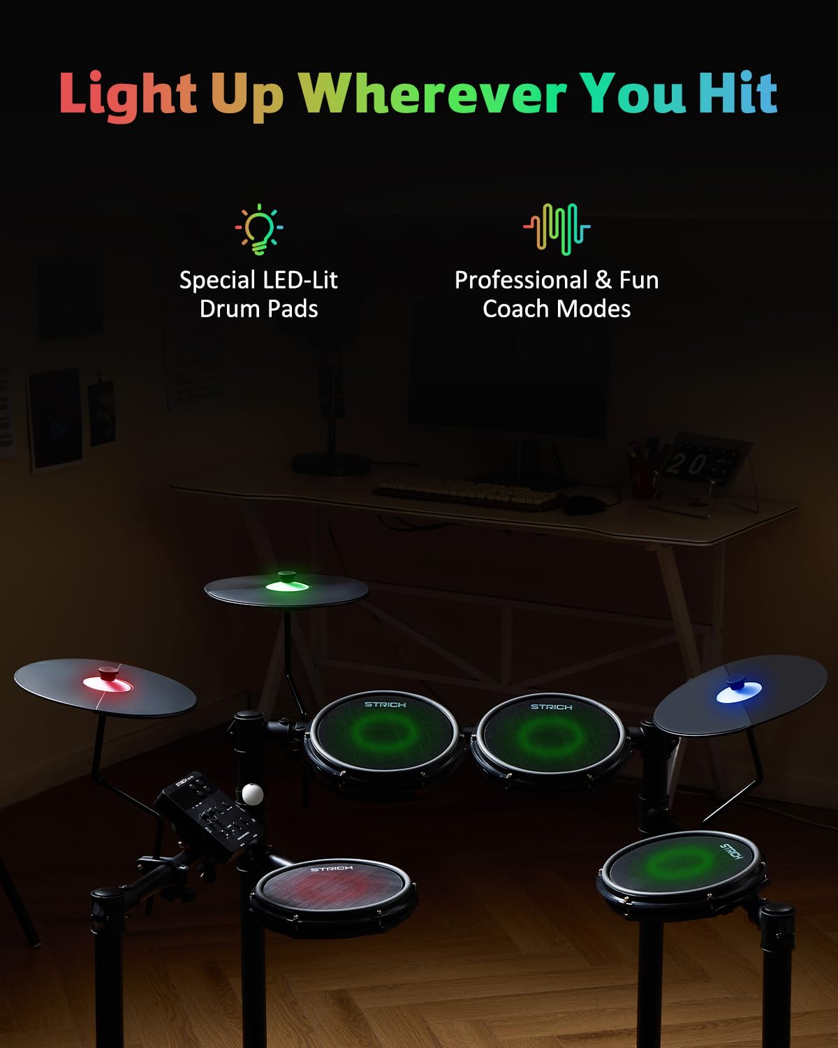 STRICH Juego de batería eléctrica con cabezales de malla, almohadillas de batería con luz LED, USB MIDI, kit de batería electrónica plegable silencioso con baquetas, trono, auriculares y alfombrilla