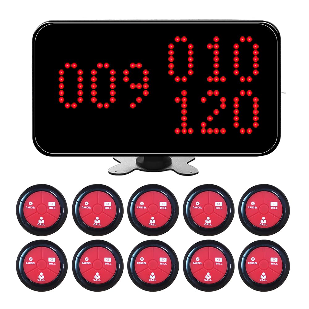 Sistema Chiamata Cameriere da Tavolo — Servizio Veloce per Clienti/Ospiti | 1 Display + 10 Pulsanti Senza Fili Impermeabili | Ideale per Ristoranti, Bar, Trattorie, Pasticcerie, Alberghi