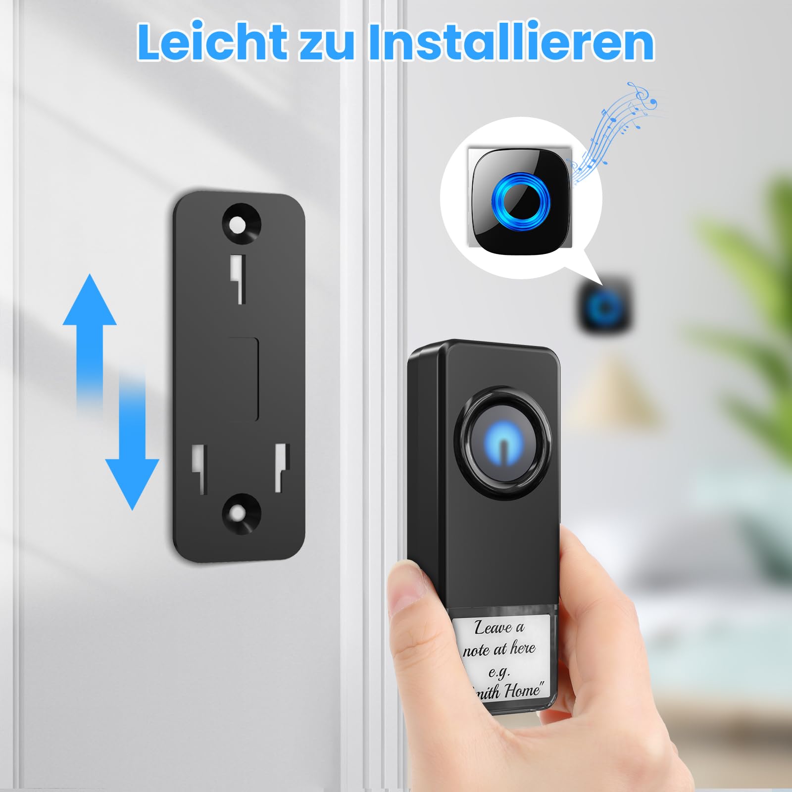 PHYSEN draadloze deurbel, draadloze set, draadloze huisdeur bel voor buiten, waterdicht met 300 m bereik, 2 zenders en 3 ontvangers, 58 melodieën, 5 volumeniveaus, led-display, zwart