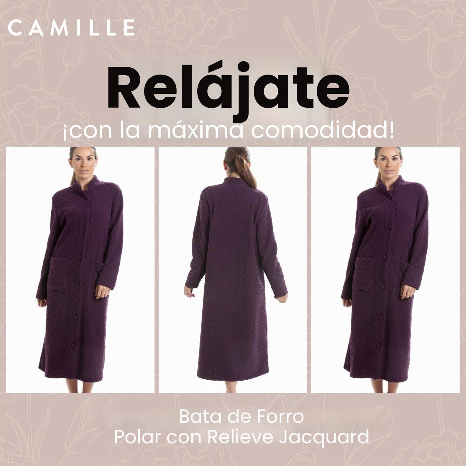 Camille Bata de baño supersuave para mujer, con botones, manga larga y bolsillos delanteros para máxima comodidad y calidez