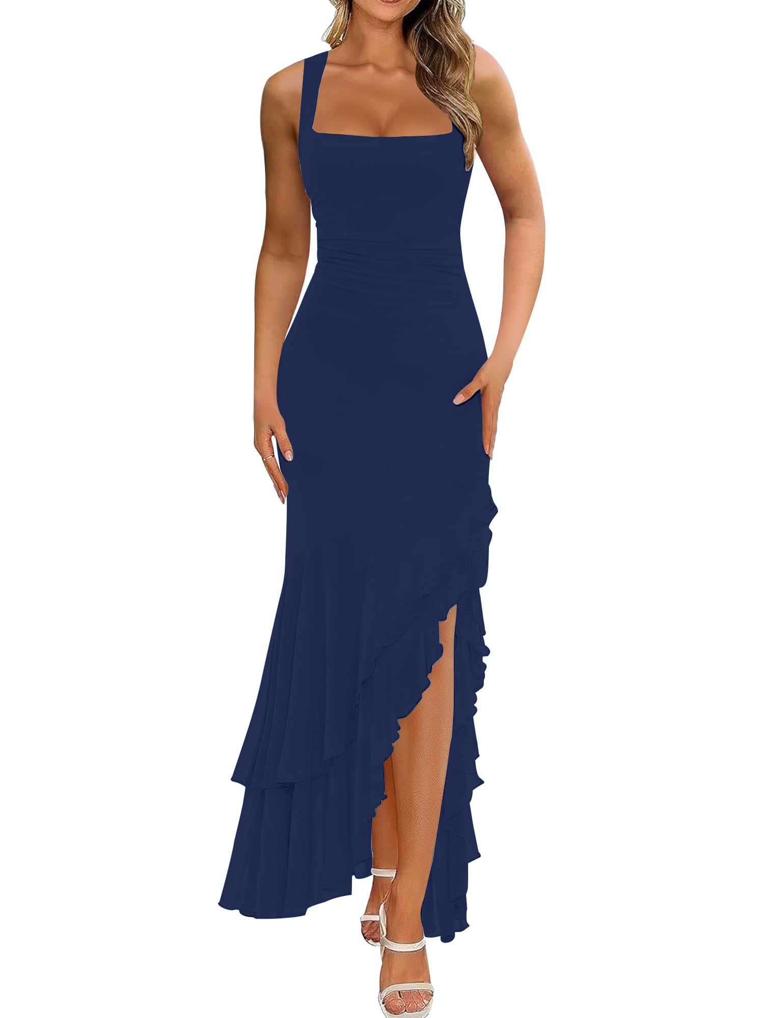 BORIFLORS Women's Elegant Bodycon Ruched Maxi Cocktail Dress Mesh Sleeveless Mermaid Ruffle Beach Wedding Guest Long Dresses — view 8