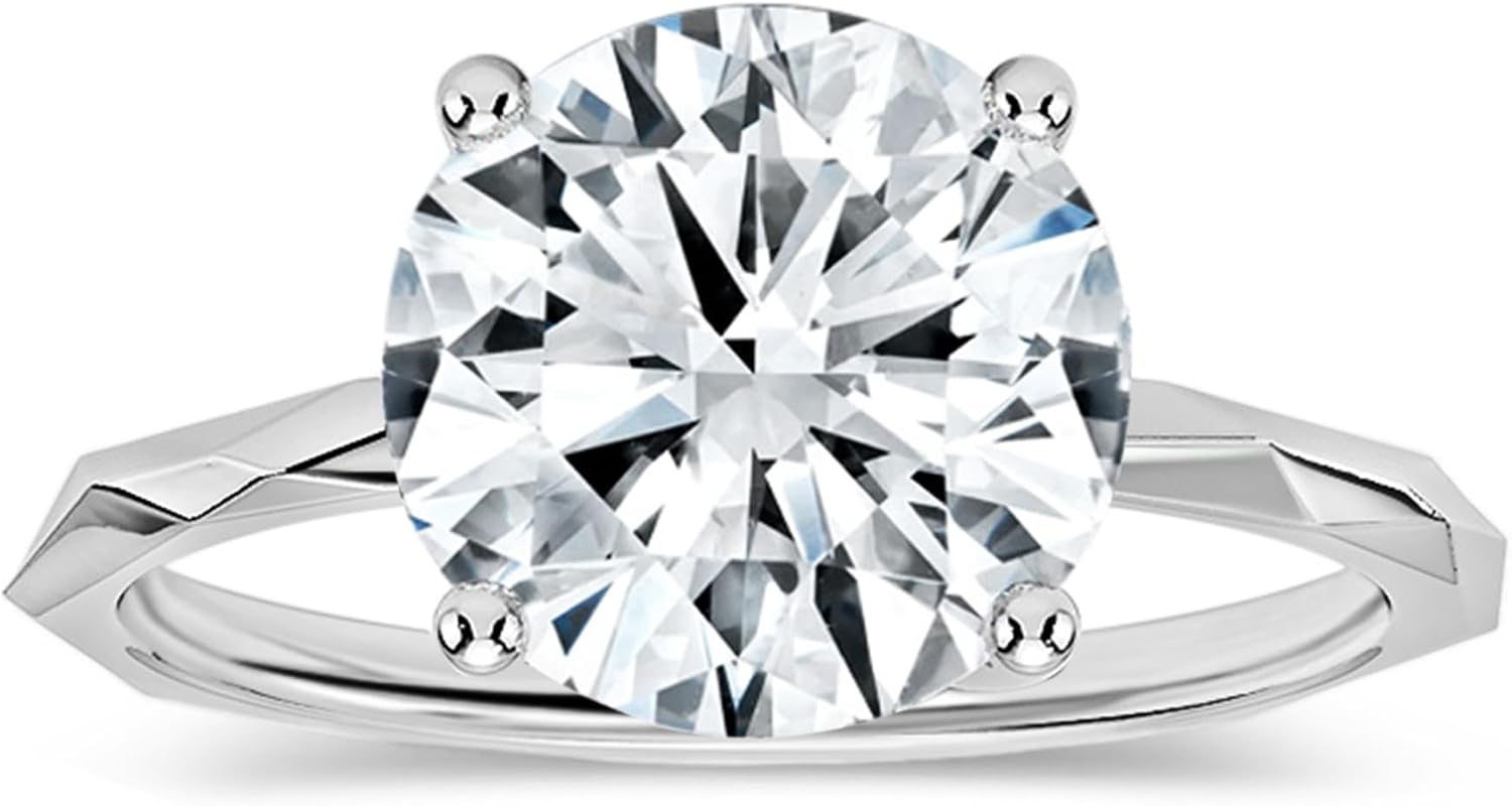 Solitaire Round Moissanite or Lab Grown 2.50 Carat White Diamond Textured Shank Engagement Ring for Women in 925 Sterling Silver