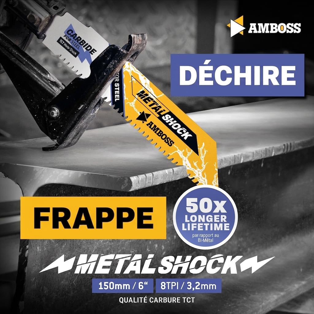 AMBOSS METAL SHOCK - 10x lame de scie sabre 150 mm / 8 dents - idéale pour la démolition/le sauvetage de véhicules/la construction/le démontage/la construction de tuyauteries - pour l'acier