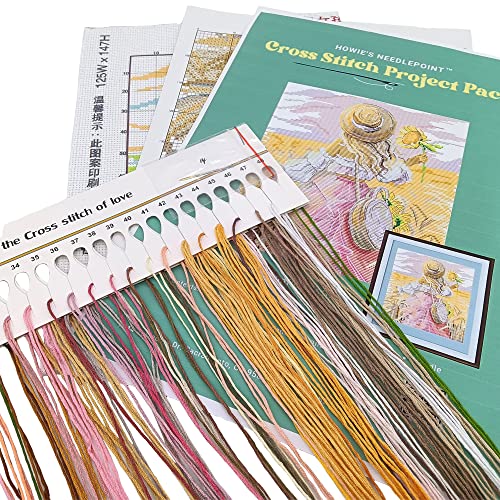 Image of Howie's Needlepoint Cross Stitch Kits, 14CT Pre-Printed Pattern Needlepoint Kits, Full Range of Stamped Starter Kits (Sunflower Girl, 11.8 x 13.4 Inch)